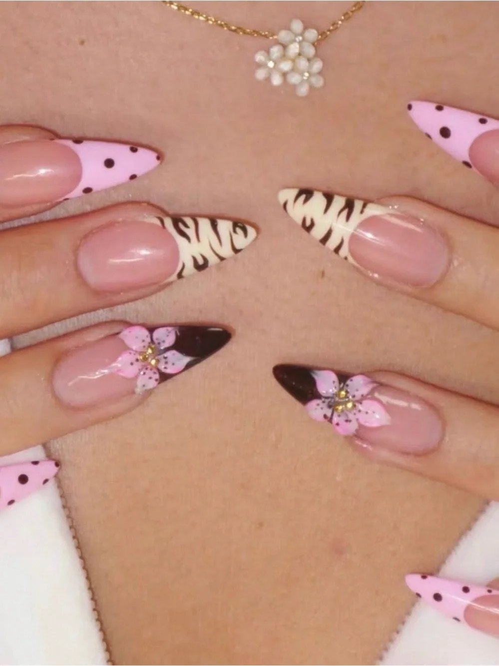 Handmade Pink Floral Press-On Nails Zebra French 3D Bow Size M